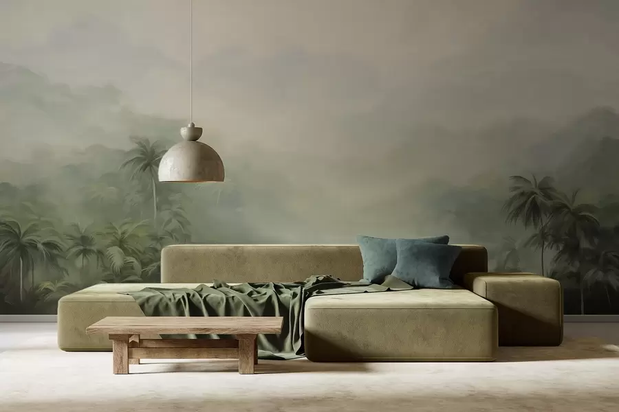 Фототапет Пейзаж от Гунгле с буйни зелени палми и хълмове , меки пастелни цветове, текстурирана имитация на живопис w09194