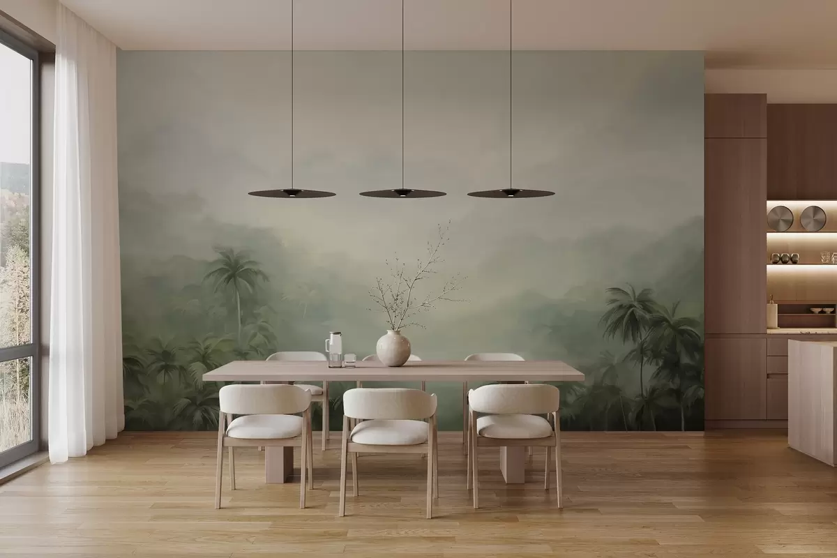 Фототапет Пейзаж от Гунгле с буйни зелени палми и хълмове , меки пастелни цветове, текстурирана имитация на живопис w09194