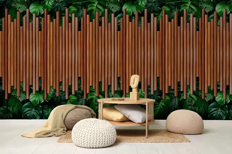 Фототапет Имитация на дървени панели и зелена стена w04138