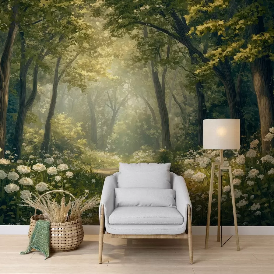 Фототапет Пътека в зелена гора, бели цветя, слънчева светлина, рисунка в акрилен стил w04119