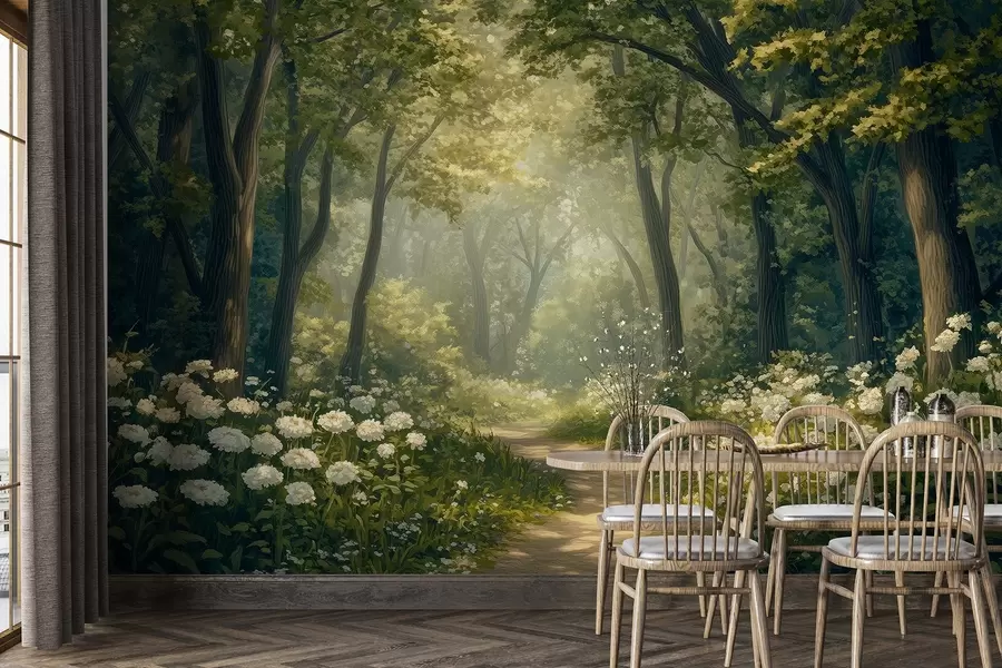 Фототапет Пътека в зелена гора, бели цветя, слънчева светлина, рисунка в акрилен стил w04119