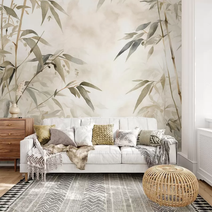 Фототапет Бамбукови клони с текстура и листа в акварелен стил, мека неутрална цветова палитра, светлобежов фон w09204