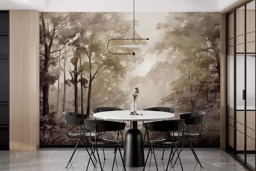 Фототапет Текстуриран горски пейзаж, дървета с бежови и кафяви листа, пастелна цветова палитра w09210