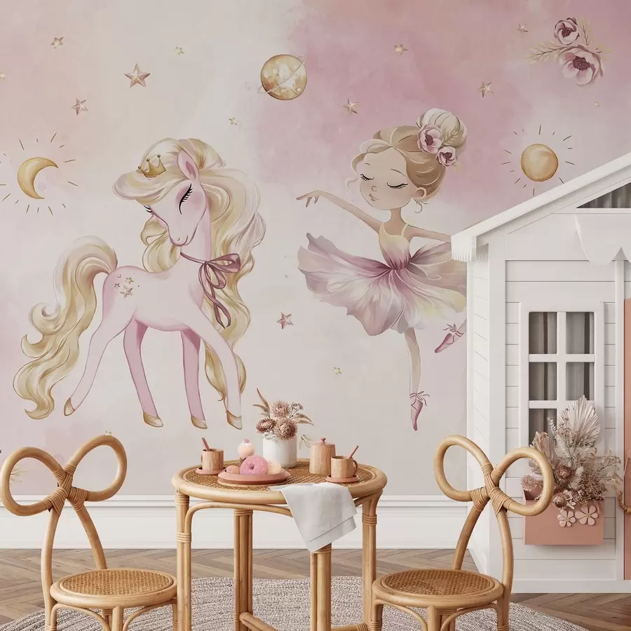 Фототапет Еднорог и балерина в розова приказка, детска история w04196
