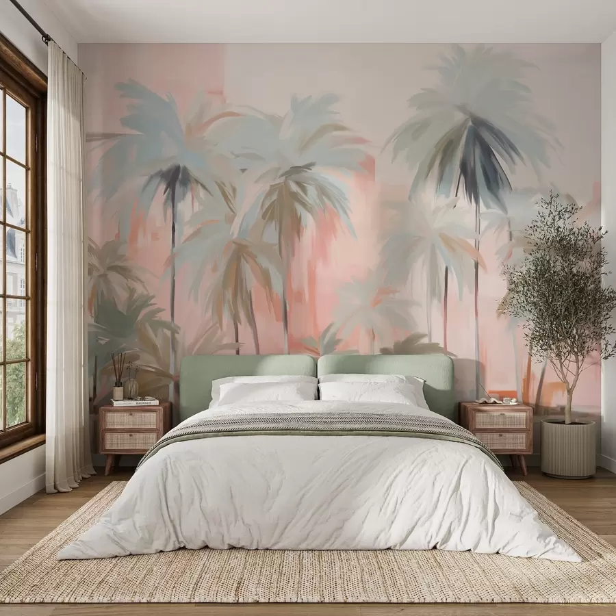 Фототапет Абстрактни минималистични пастелни тропически палми на фона на меки розови и прасковени нюанси w09212