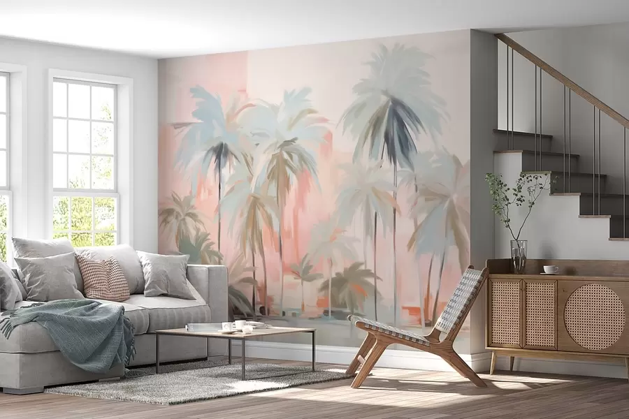 Фототапет Абстрактни минималистични пастелни тропически палми на фона на меки розови и прасковени нюанси w09212