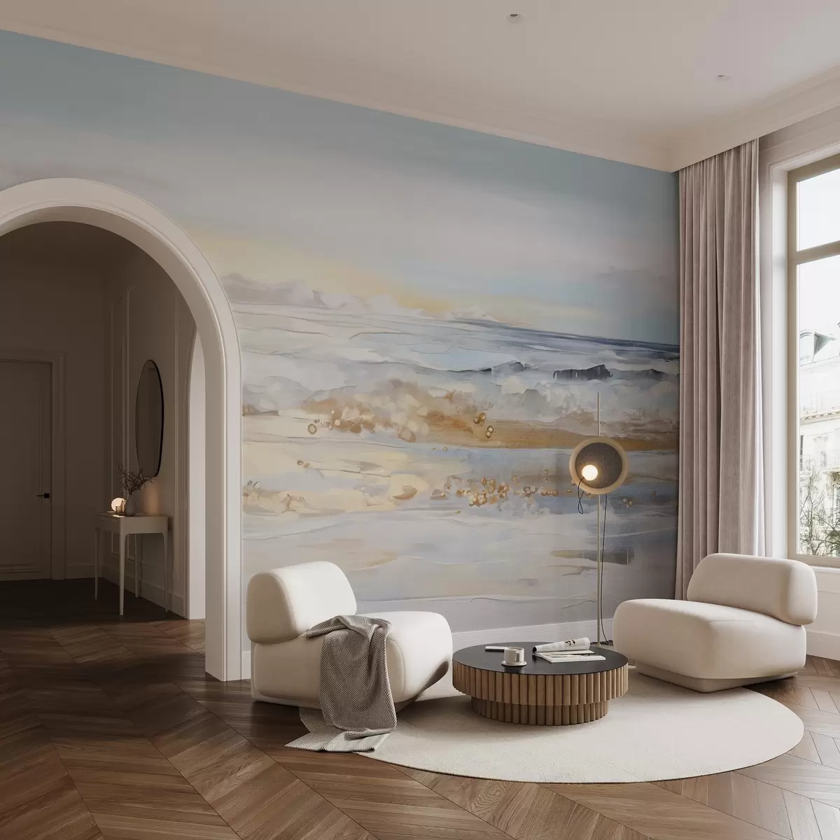 Фототапет Абстрактен текстуриран пейзаж океански вълни, разбиващи се на пясъчен плаж, меки пастелни цветове, синьо небе с леки облаци w09234