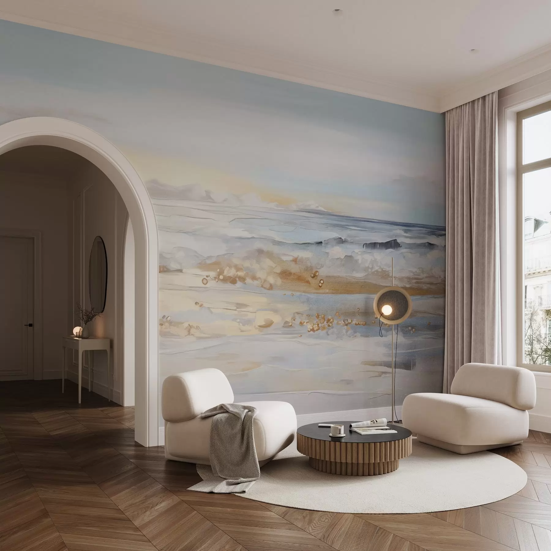 Фототапет Абстрактен текстуриран пейзаж океански вълни, разбиващи се на пясъчен плаж, меки пастелни цветове, синьо небе с леки облаци w09234