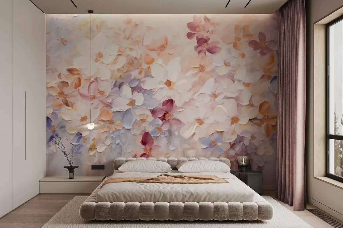 Фототапет Картина с маслени бои, имитация на цветна градина с бели, розови и оранжеви цветя, меки движения на четката, пастелни приглушени цветове w09236