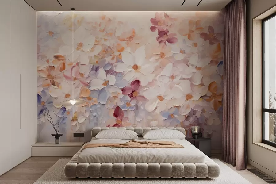 Фототапет Картина с маслени бои, имитация на цветна градина с бели, розови и оранжеви цветя, меки движения на четката, пастелни приглушени цветове w09236