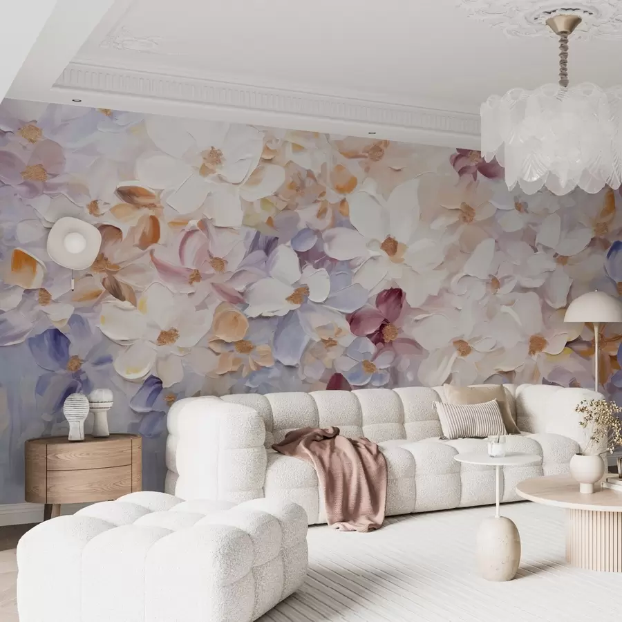 Фототапет Картина с маслени бои, имитация на цветна градина с бели, розови и оранжеви цветя, меки движения на четката, пастелни приглушени цветове w09236