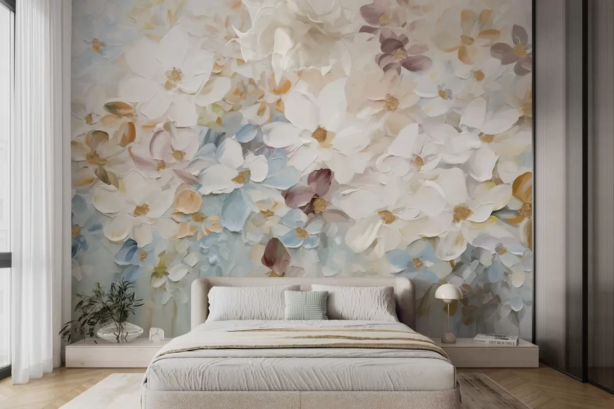 Фототапет Картина с маслени бои, имитация на цветна градина с бели, сини и оранжеви цветя, меки движения на четката, пастелни приглушени цветове w09236v1