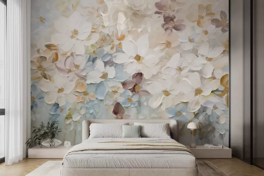 Фототапет Картина с маслени бои, имитация на цветна градина с бели, сини и оранжеви цветя, меки движения на четката, пастелни приглушени цветове w09236v1