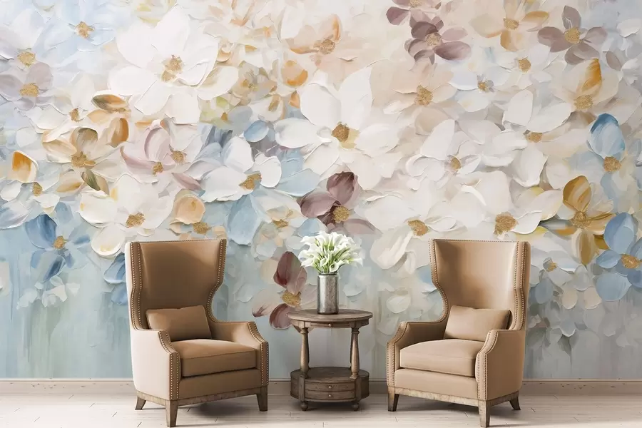 Фототапет Картина с маслени бои, имитация на цветна градина с бели, сини и оранжеви цветя, меки движения на четката, пастелни приглушени цветове w09236v1