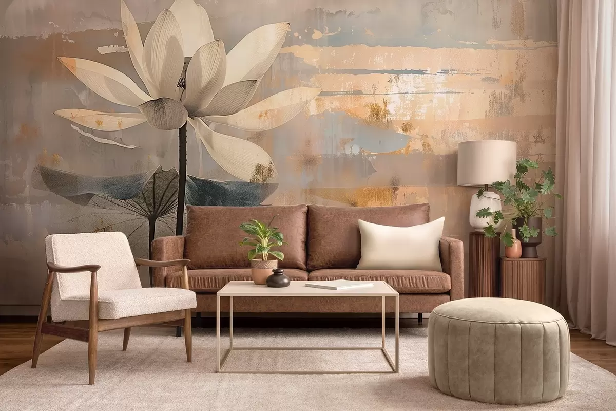 Фототапет Имитация на акварелен лотос на абстрактен фон с щрихи от четката w09244