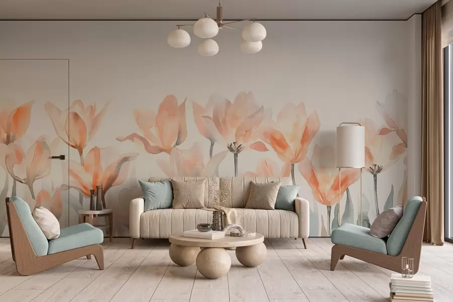 Фототапет свежи акварелни лалета, растящи отдолу w04204