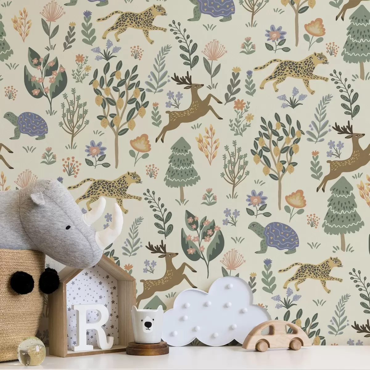 Тапети Ретро илюстрация с леопарди, дървета и елени a00184