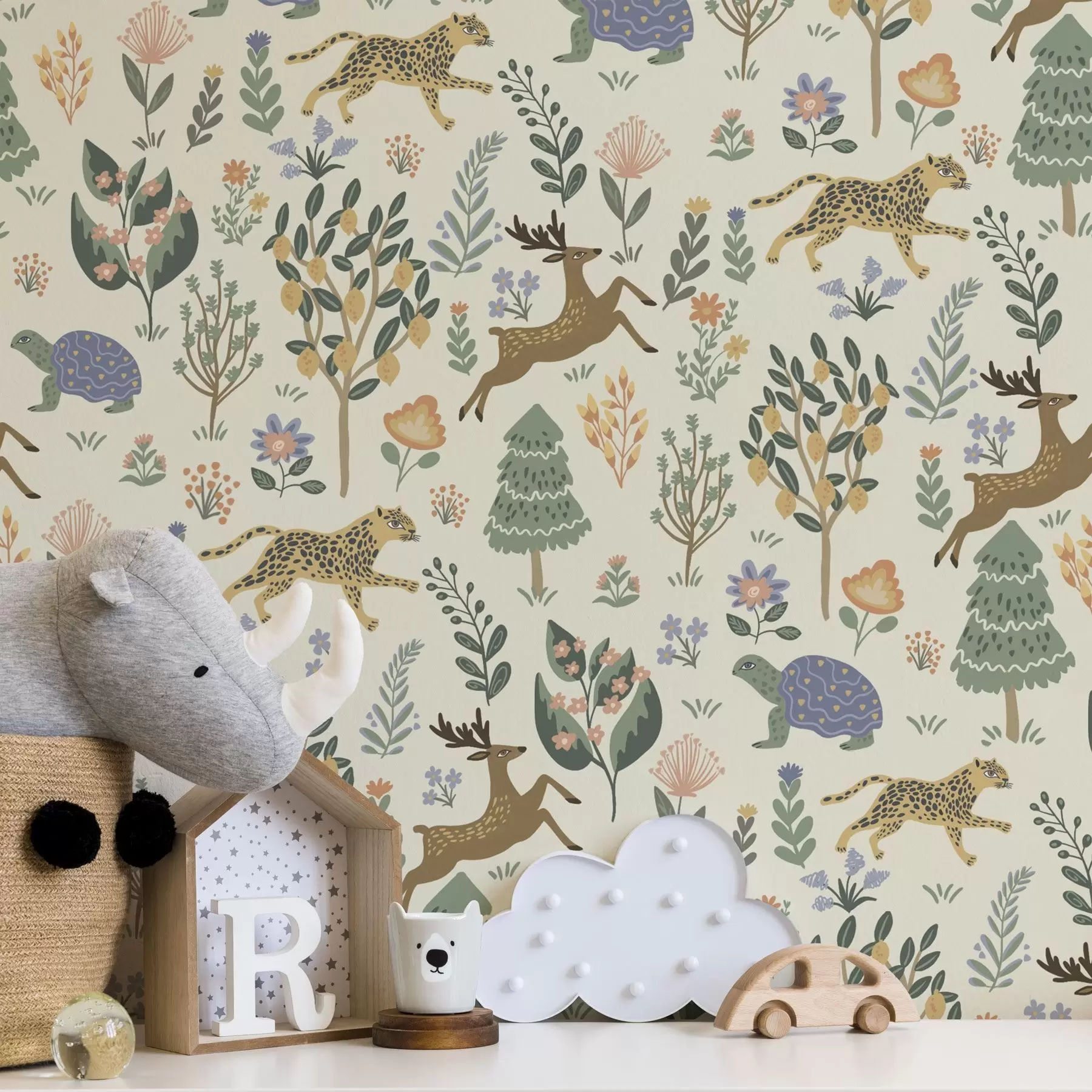 Фототапет Ретро илюстрация с леопарди, дървета и елени a00184