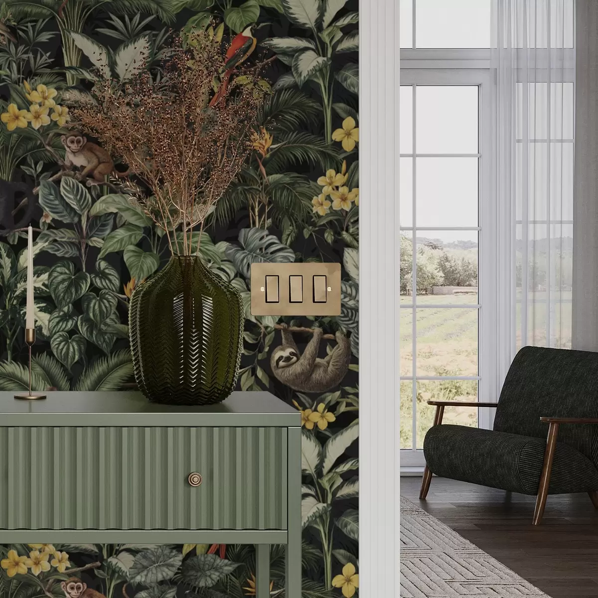 Тапети Тропическа джунгла с маймуни, птици и гъста зеленина a00191