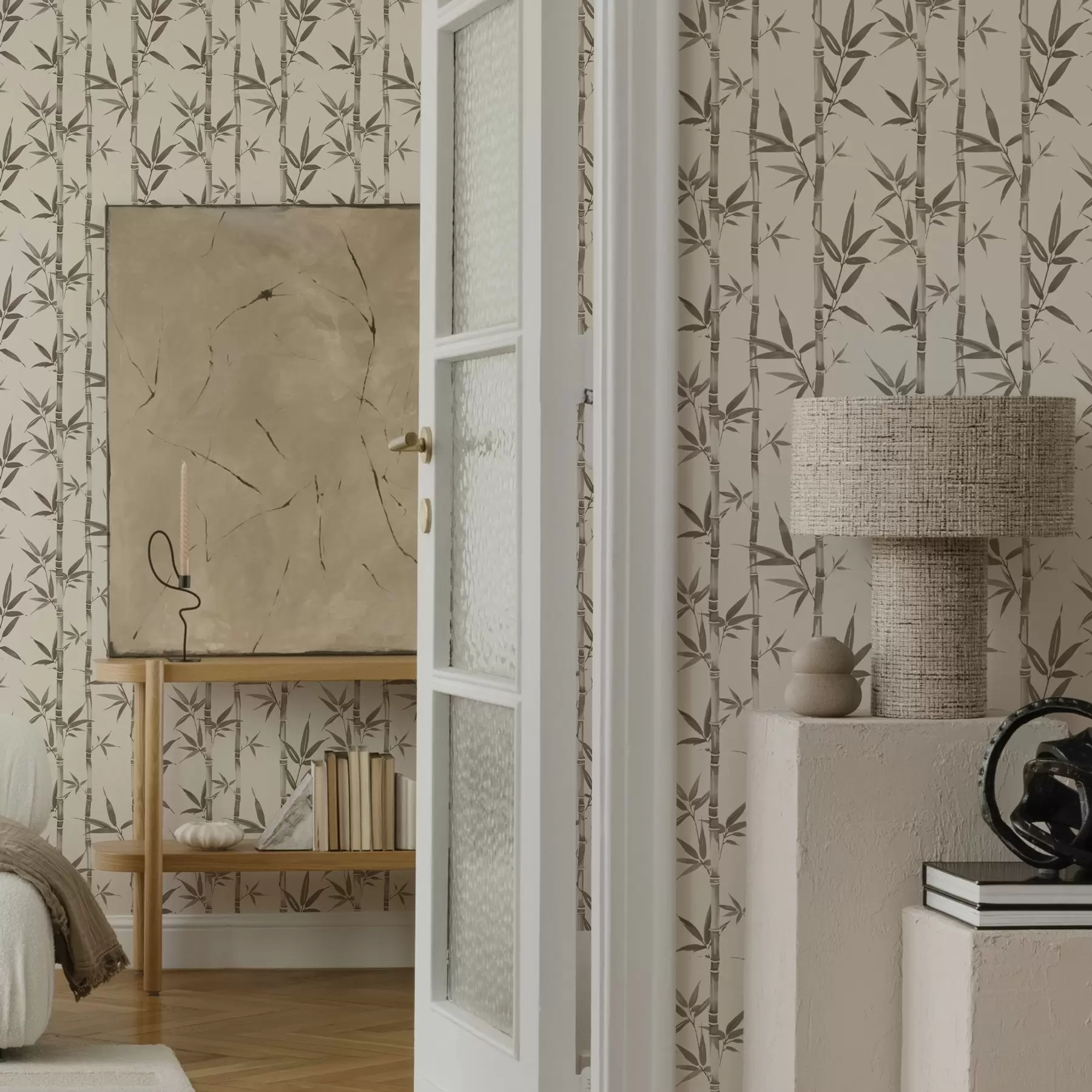 Фототапет Бежова бамбукова шарка с листа в японски стил a00236