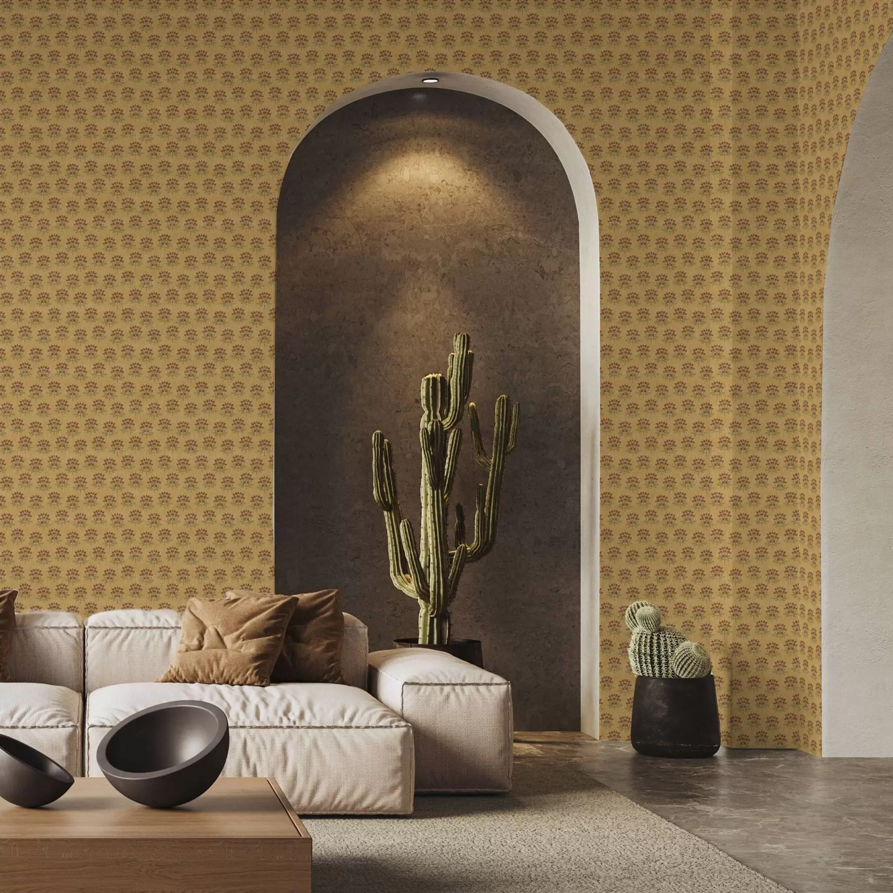 Фототапет Ретро флорален модел с лотоси на жълт фон a00238