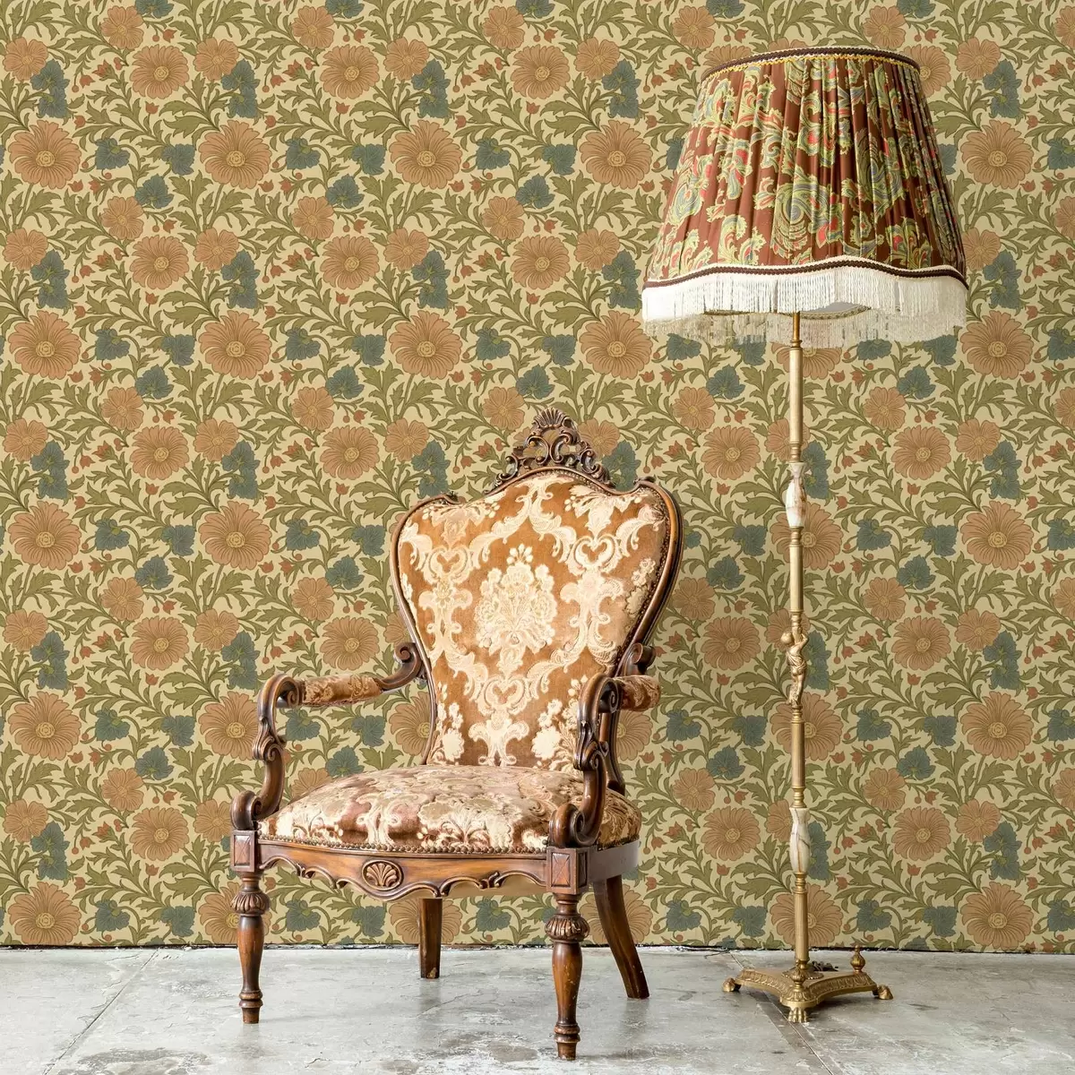 Тапети Ретро модел с оранжеви и сини цветя a00245