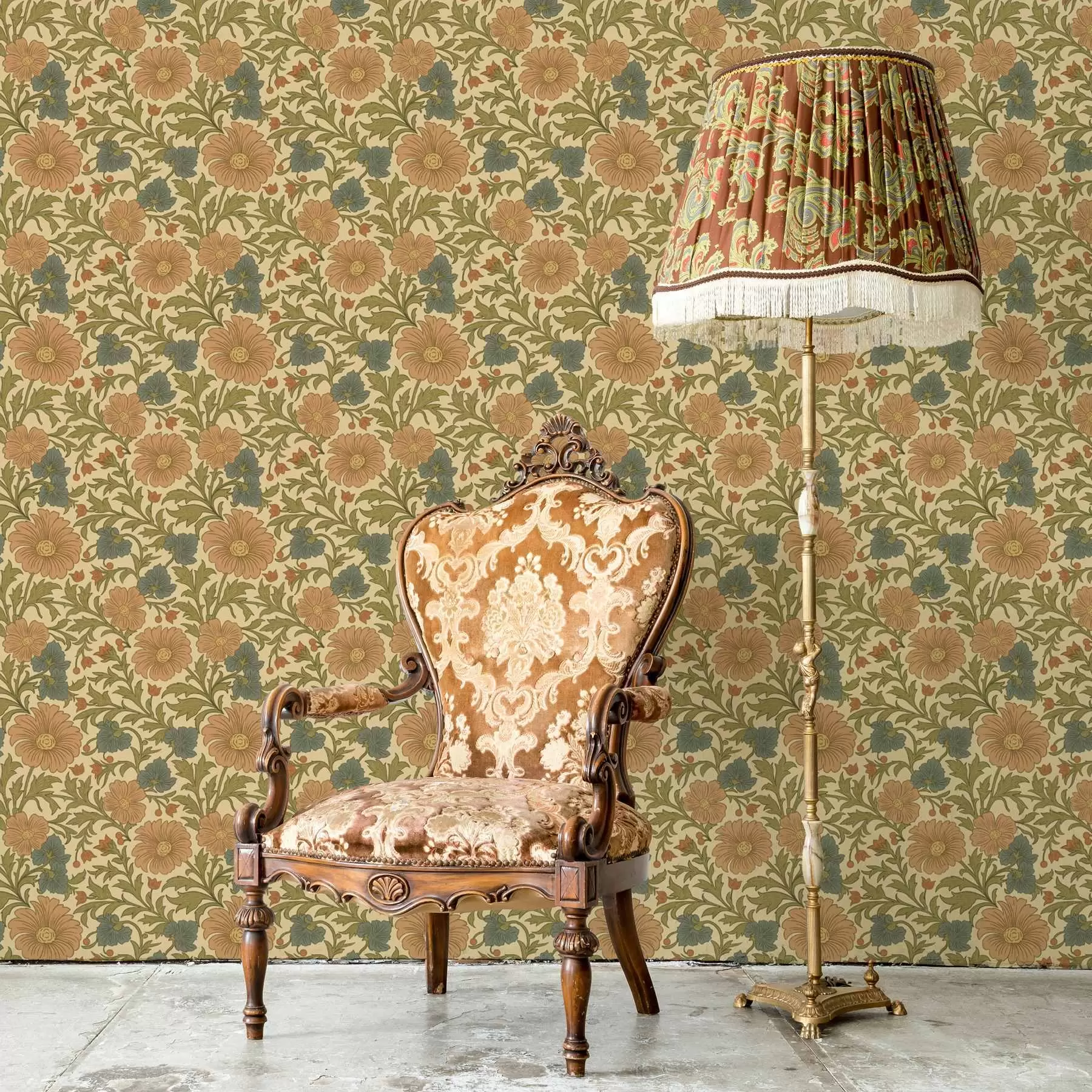 Фототапет Ретро модел с оранжеви и сини цветя a00245