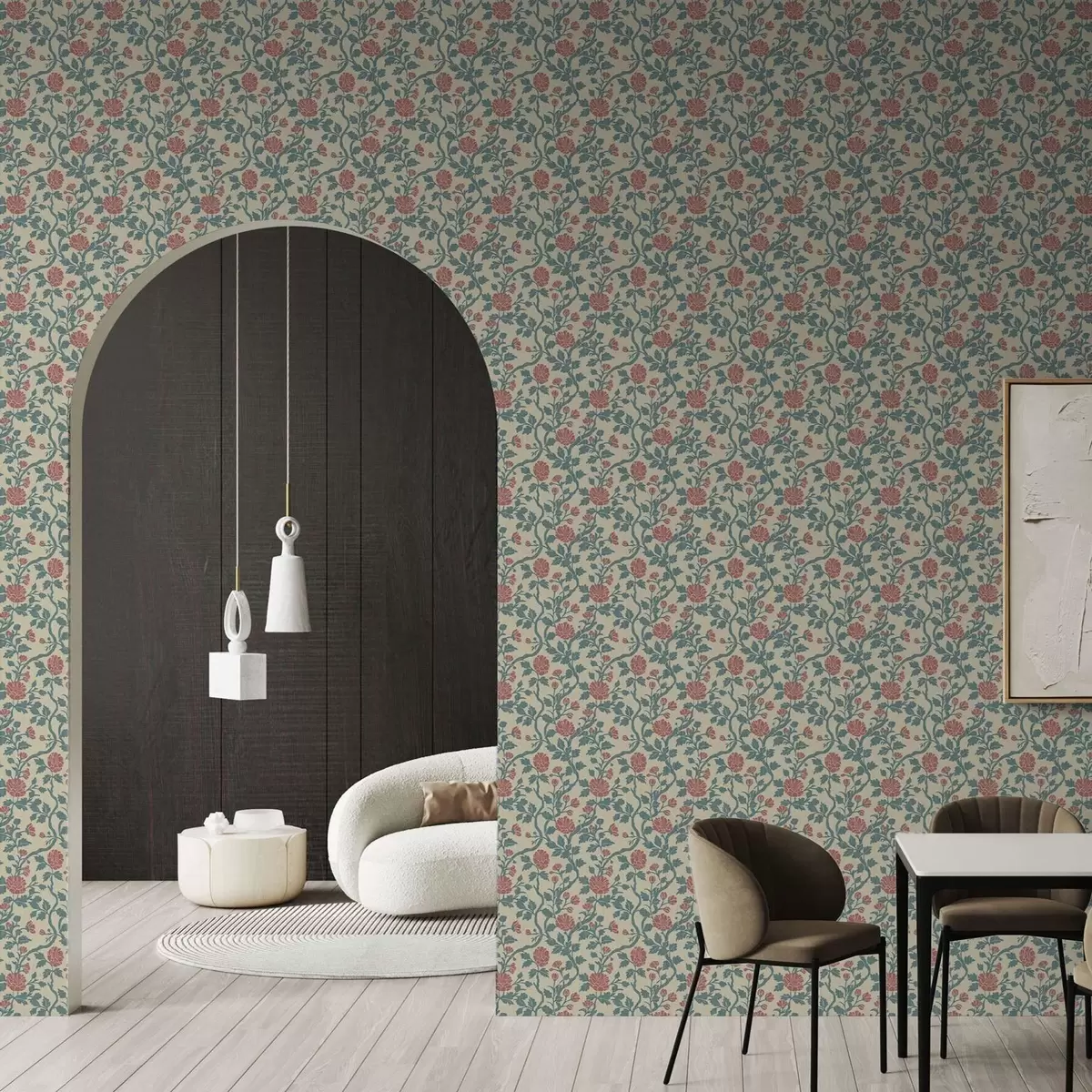 Тапети Ретро модел с цветя в червено и зелено a00250