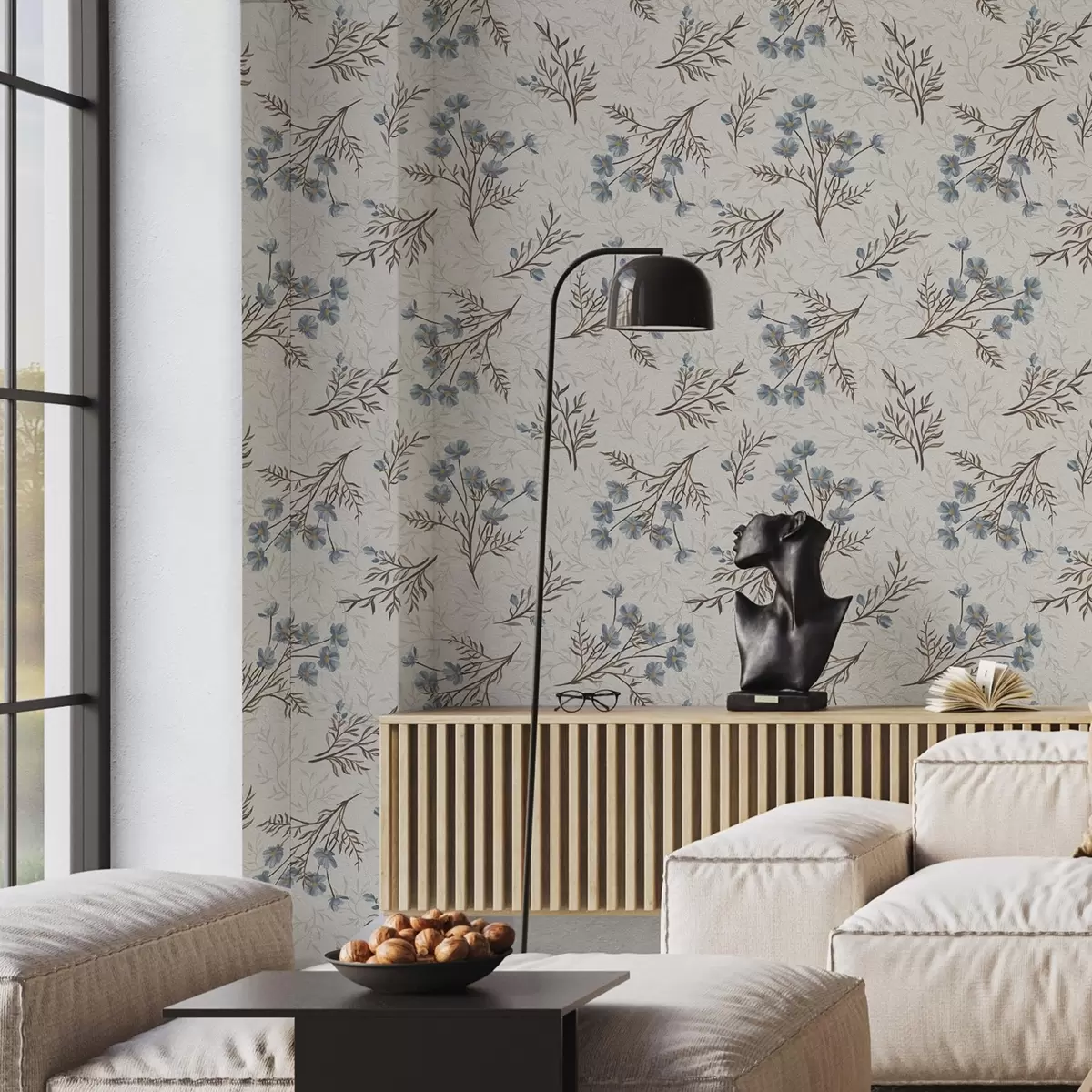 Тапети Сини цветя и светли клони на бял фон a00265v1