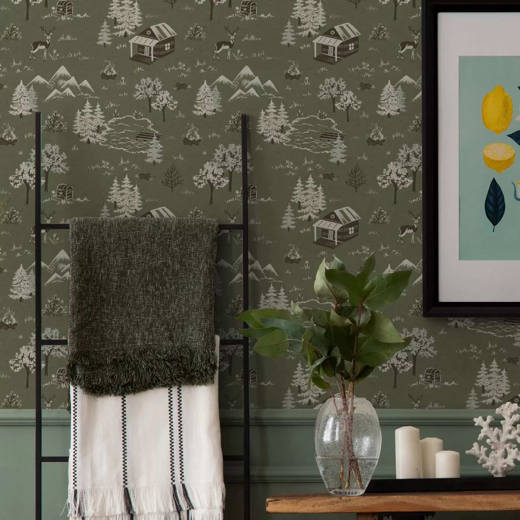 Фототапет Рисувана гора с езеро, хижа и животни a00267