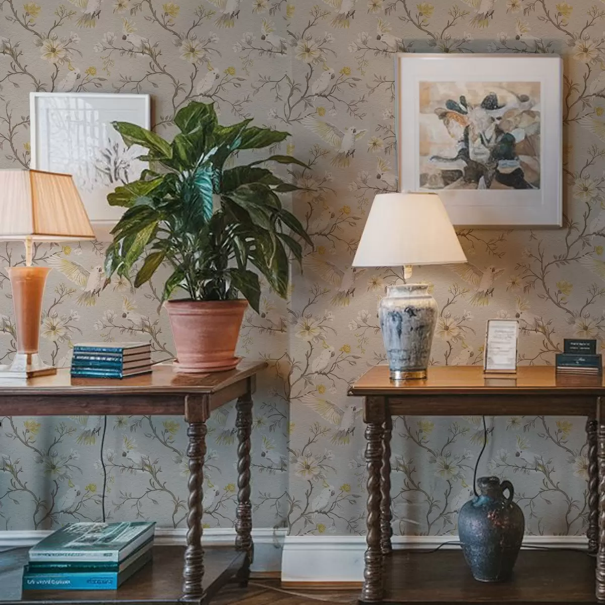 Тапети Папагали и жълти цветя на светъл фон a00270