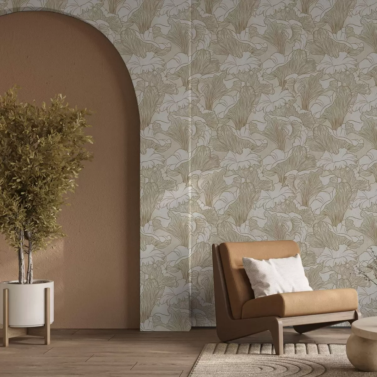 Тапети Гъби печурка, линейна рисунка на кремав фон a00275