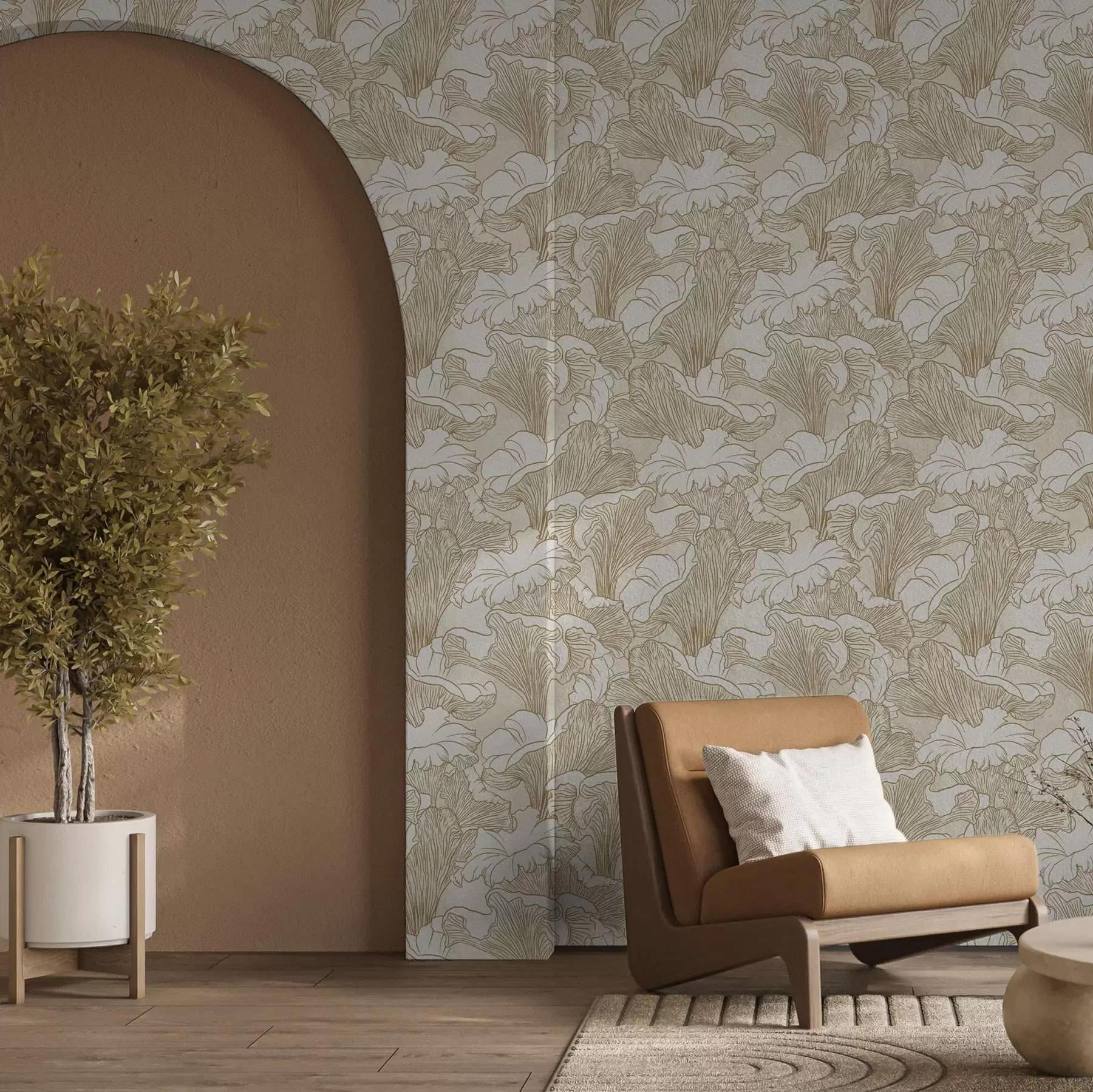 Фототапет Гъби печурка, линейна рисунка на кремав фон a00275