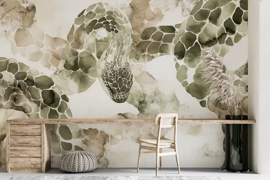 Фототапет Силует на змия, акварелен стил, маслинови цветове w04113v3