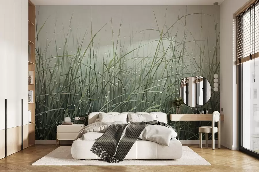 Фототапет Трева с водни капки, приглушени зелени нюанси, мека светлина, мъглив фон, абстрактен минималистичен текстуриран стил w09217