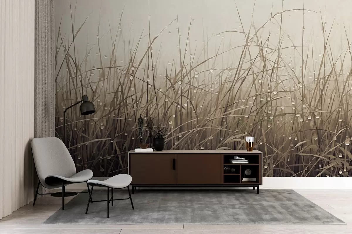 Фототапет Трева с водни капки, приглушени кафяви нюанси, мека светлина, мъглив фон, абстрактен минималистичен текстуриран стил w09217v1