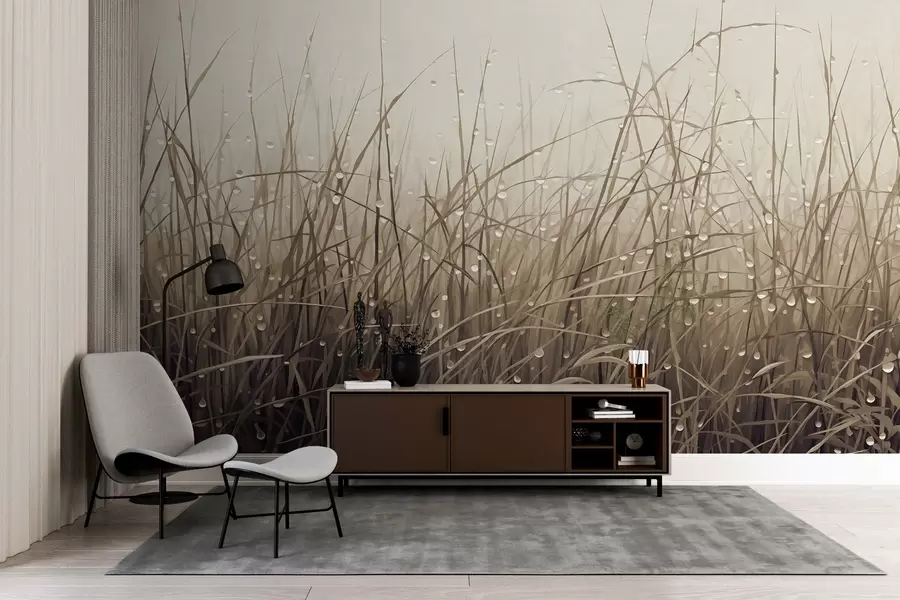 Фототапет Трева с водни капки, приглушени кафяви нюанси, мека светлина, мъглив фон, абстрактен минималистичен текстуриран стил w09217v1