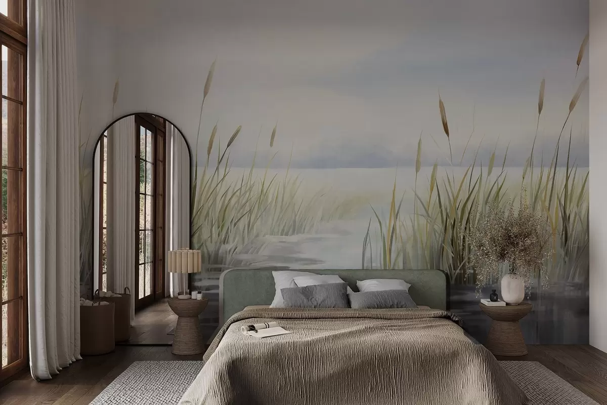 Фототапет Акварелна текстурирана картина, имитираща пейзаж с езеро, трева, облачно небе и размазан фон w09219