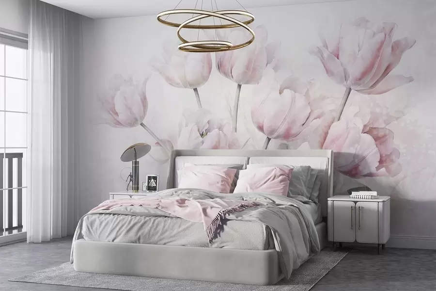 Фототапет Розови текстурирани лалета със зелени листа, мека светлина, винтидж акварелен стил, деликатни движения на четката w09220