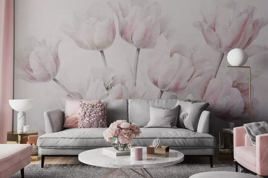 Фототапет Розови текстурирани лалета със зелени листа, мека светлина, винтидж акварелен стил, деликатни движения на четката w09220