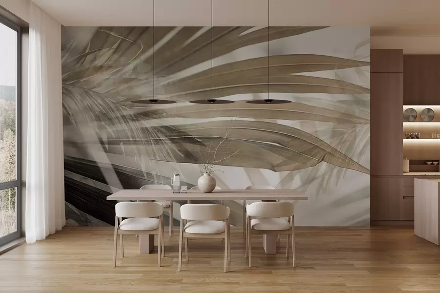 Фототапет Палмови листа със светлокафяв оттенък, които се припокриват и създават ефект на наслояване, на мек, неутрален фон w09256