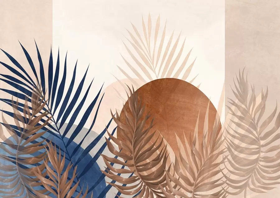 Фототапет Абстрактна текстурирана композиция с тропически листа в нюанси на синьо и земни тонове, с голяма кръгла форма w09257