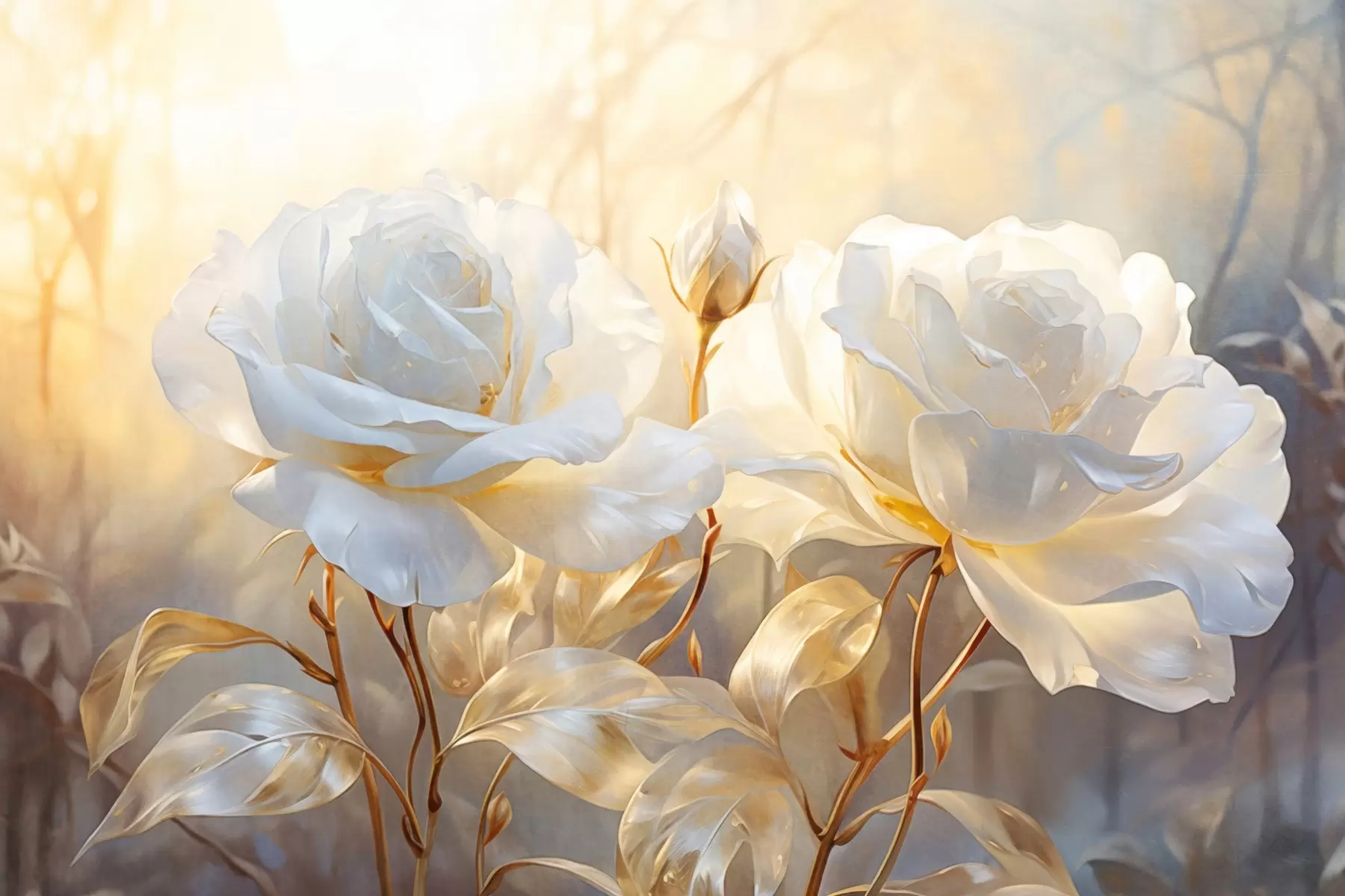 Фототапет Бели текстурирани рози с жълти стъбла и листа, меко осветление, светъл фон с размити флорални форми w09258