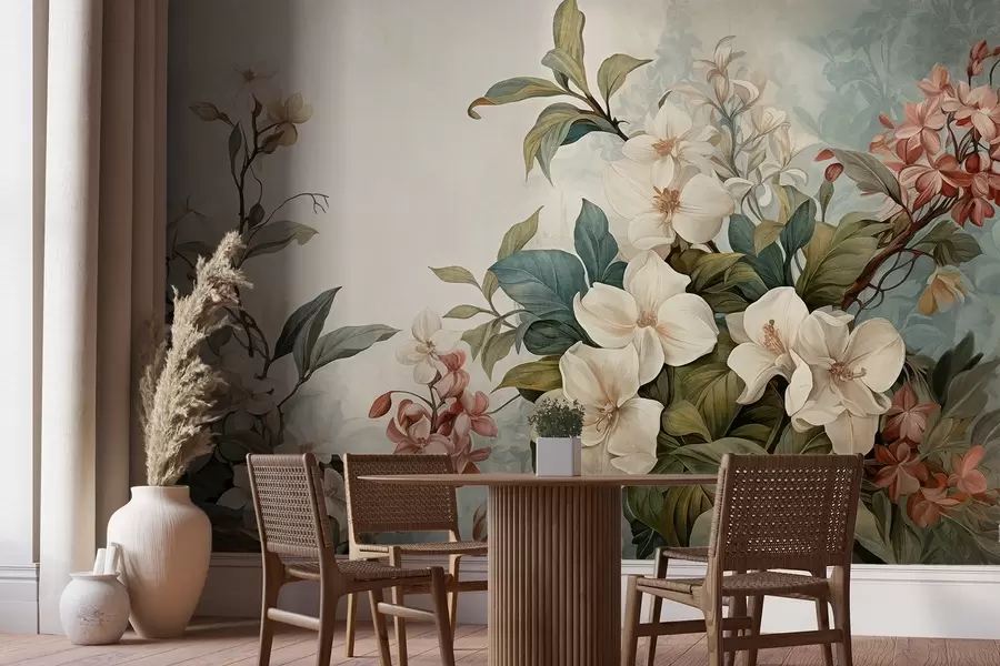 Фототапет Текстурирани тропически цветя и листа с меки сини и зелени нюанси, деликатни движения на четката, винтидж ботанически стил w09259