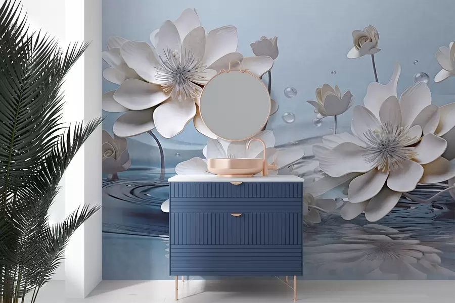 Фототапет Бели текстурирани цветя с водни капки, отражения върху водната повърхност, светлосин фон, елегантен дизайн w09262