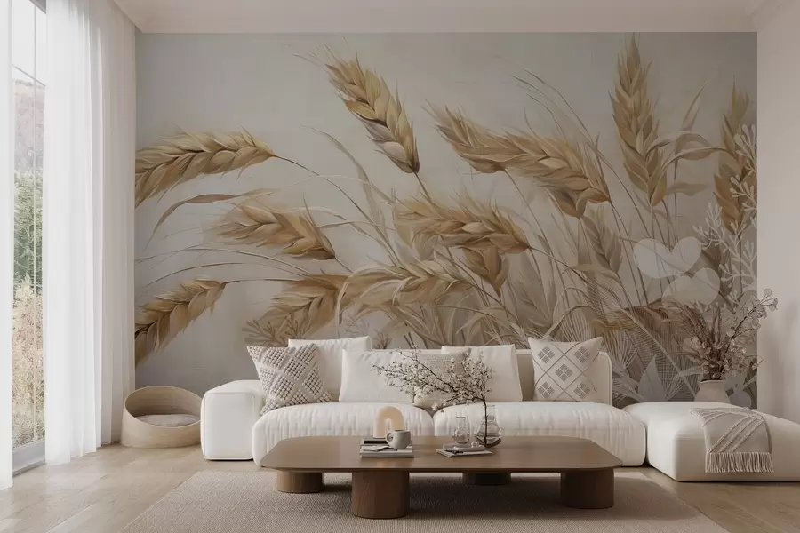 Фототапет Поле с пшенична текстура и бежови житни класове, поклащащи се от вятъра, меки и приглушени цветове, създаващи усещане за топлина  w09264