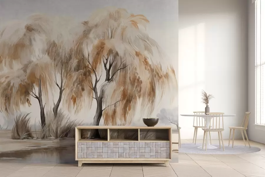 Фототапет Върби с кафяви и бели листа на брега на езеро, с трева около тях, в мъглив ден w09268