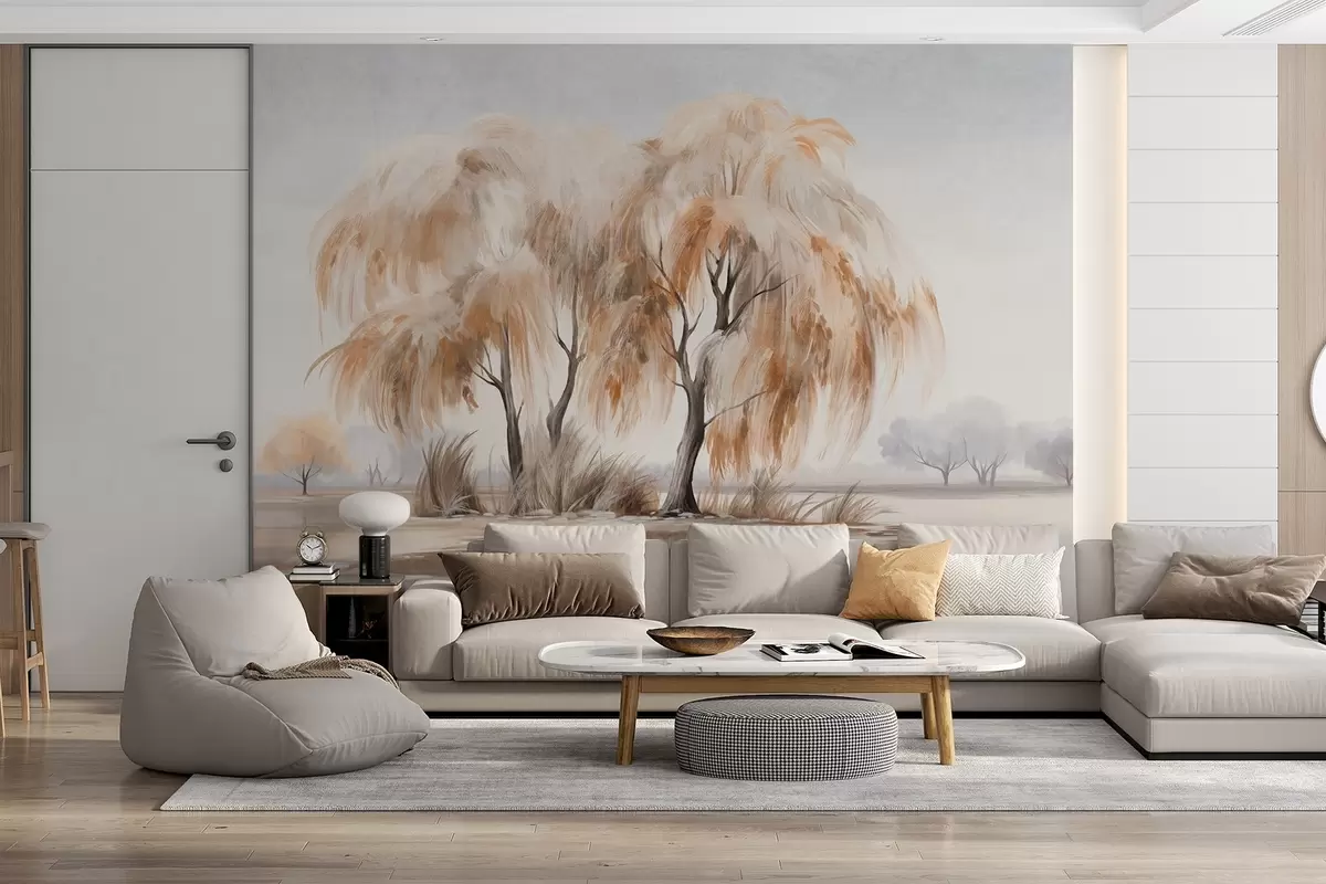 Фототапет Върби с кафяви и бели листа на брега на езеро, с трева около тях, в мъглив ден w09268