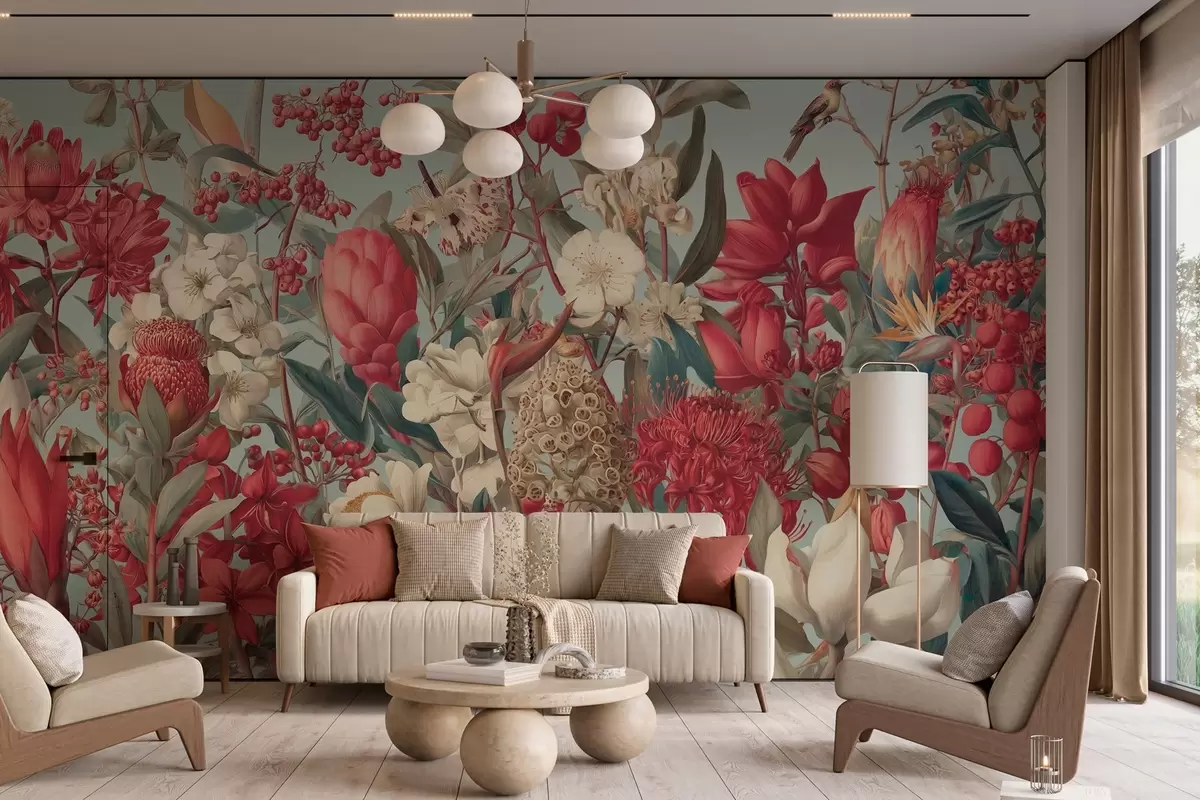 Фототапет текстурирани тропически цветя на син фон w04209