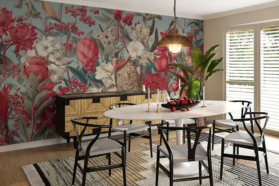 Фототапет текстурирани тропически цветя на син фон w04209